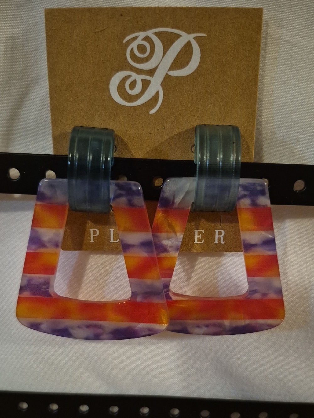 Plunder Striped Purple Orange Resin Drop Earrings with Teal Hoops